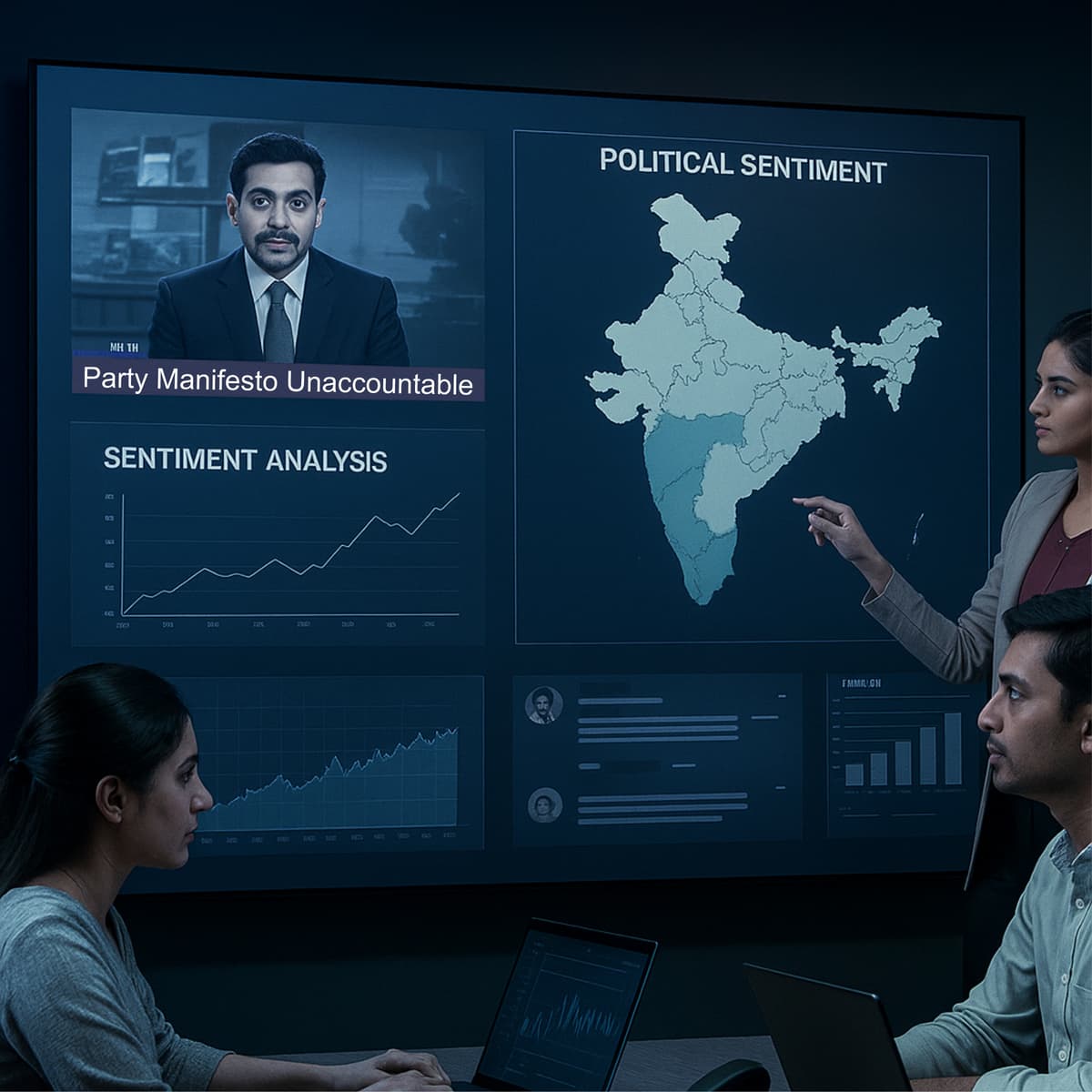 Political media monitoring dashboard showing sentiment analysis charts